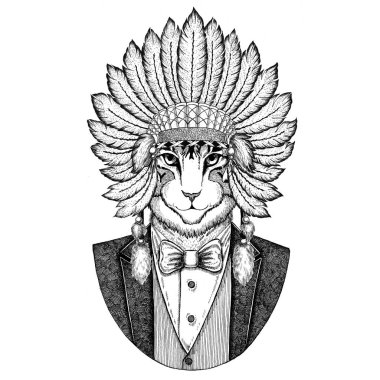 Yerli kedi vahşi hayvan giyen inidan şapka, eşarplı baş elbise görüntüsünü el dövme, t-shirt, amblem, rozet, logo, yama için çizilmiş resim