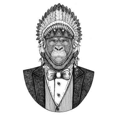 Yama goril, maymun, maymun vahşi hayvan giyen inidan şapka, dövme, t-shirt, amblem, rozet, logo, tüyler el çekilmiş görüntüsü ile baş elbise