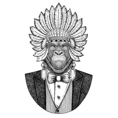 Yama goril, maymun, maymun vahşi hayvan giyen inidan şapka, dövme, t-shirt, amblem, rozet, logo, tüyler el çekilmiş görüntüsü ile baş elbise