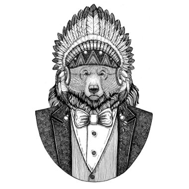 Kuzey Amerika boz ayısı büyük vahşi ayı vahşi hayvan giyen inidan şapka, kafa tüyleriyle el çizilmiş resim dövme, t-shirt, amblem, rozet, logo, yama için giysi.