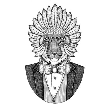Vahşi kedi, leopar, kedi-o-dağ, panter vahşi hayvan inidan şapka, baş elbise ile tüyleri el çizilmiş resim dövme, t-shirt, amblem, rozet, logosu için yama