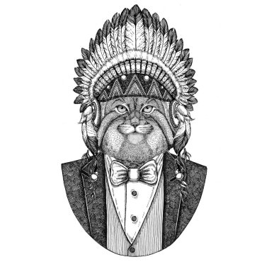 Vahşi kedi Manul vahşi hayvan giyen inidan şapka, kafa tüyleri el çizilmiş resim dövme, t-shirt, amblem, rozet, logo, yama ile elbise