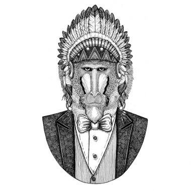 Yama maymun, maymun, köpek-maymun, maymun vahşi hayvan inidan şapka, dövme, t-shirt, amblem, rozet, logo, tüyler el çekilmiş görüntüsü ile baş elbise