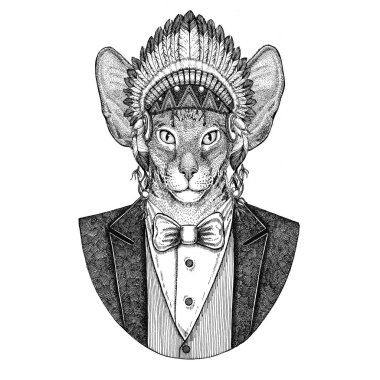 Oryantal kedi büyük kulakları vahşi hayvan giyen inidan şapka ile kafa tüyleri el çizilmiş resim dövme, t-shirt, amblem, rozet, logo, yama ile elbise