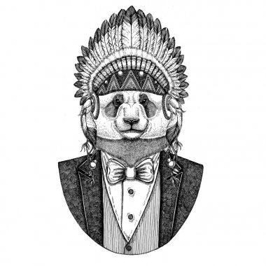 Ayı Panda, bambu ayı vahşi hayvan giyen inidan şapka, eşarplı baş elbise el dövme, t-shirt, amblem, rozet, logo, yama için çizilmiş resim