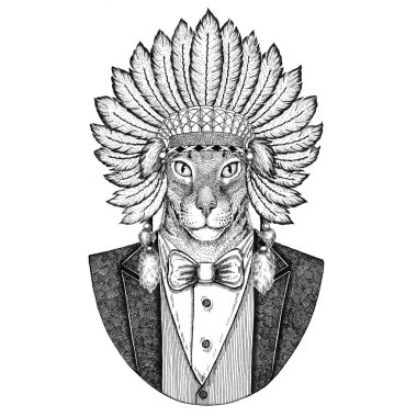 Oryantal kedi büyük kulakları vahşi hayvan giyen inidan şapka ile kafa tüyleri el çizilmiş resim dövme, t-shirt, amblem, rozet, logo, yama ile elbise