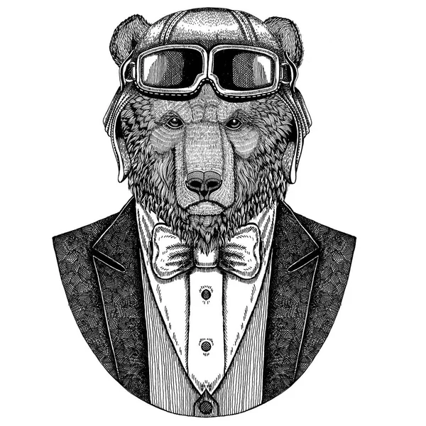 El dövme, t-shirt, amblem, logo, rozet, yama için çizilen illüstrasyon kahverengi ayı Rus ayısına hayvan giyen havacı kask ve papyon uçan kulüp ile ceket