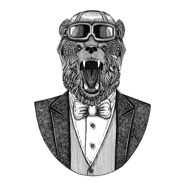 Urso marrom Urso russo Animal usando capacete aviador e jaqueta com gravata borboleta Clube de voo ilustração desenhada à mão para tatuagem, t-shirt, emblema, logotipo, crachá, patch — Fotografia de Stock