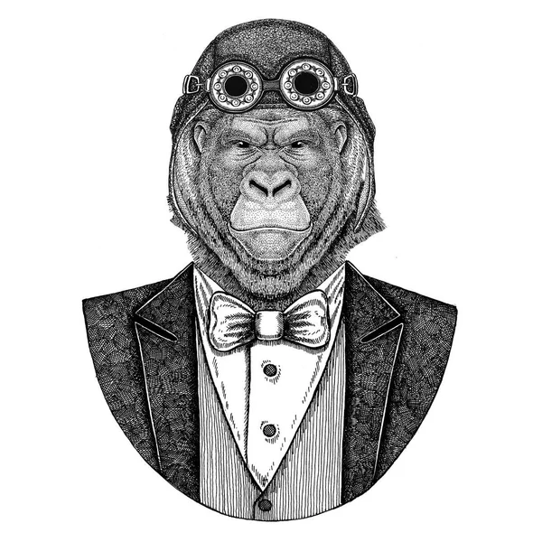 Gorila, macaco, macaco Animal usando capacete aviador e jaqueta com gravata borboleta Clube de voo Ilustração desenhada à mão para tatuagem, t-shirt, emblema, logotipo, crachá, patch — Fotografia de Stock
