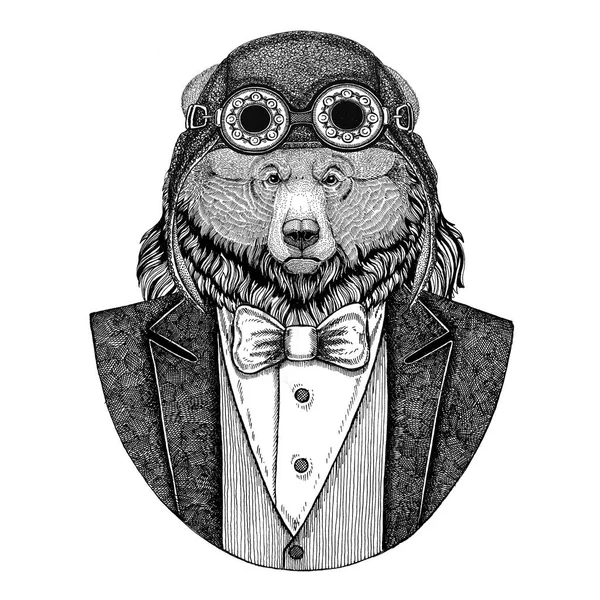 Urso Grizzly Urso selvagem grande Animal usando capacete aviador e jaqueta com gravata borboleta Clube de voo ilustração desenhada à mão para tatuagem, t-shirt, emblema, logotipo, crachá, patch — Fotografia de Stock