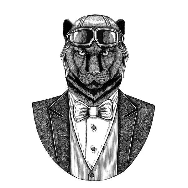 Panther Puma Cougar Animal wearing aviator helmet and jacket with bow tie Flying club Hand drawn illustration for tattoo, t-shirt, emblem, logo, badge, patch — Stock Photo, Image