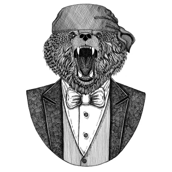 Medve vadon élő barna medve Wild motoros, kalóz állati viselése tarka selyemkendő kézzel rajzolt kép tetoválás, jelkép, jelvény, embléma, javítás, póló — Stock Fotó