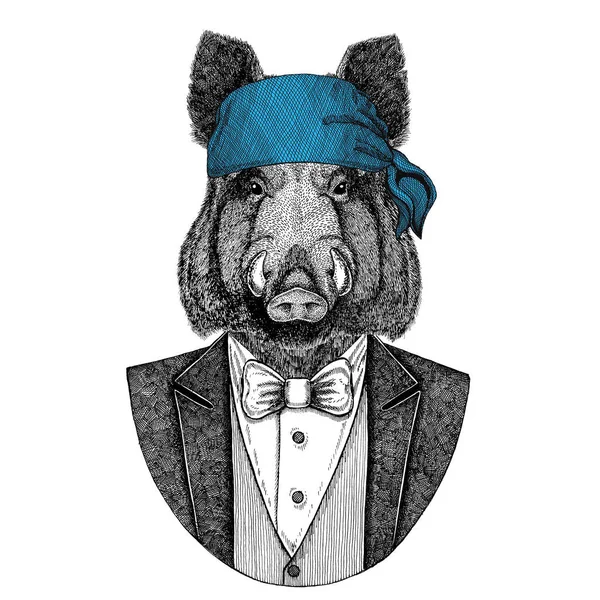 Aper, boar, hog, hog, wild boar Wild biker, pirate animal wearing bandana Hand drawn image for tattoo, emblem, badge, logo, patch, t-shirt — Stock Photo, Image
