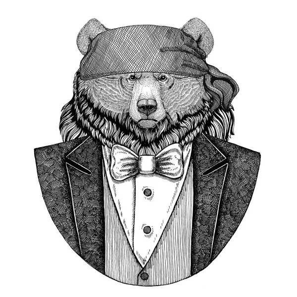 Ayı, Kuzey Amerika boz ayısı vahşi motorcu, korsan hayvan giyen bandana el çizilmiş resim için dövme, amblem, rozet, logo, yama, t-shirt