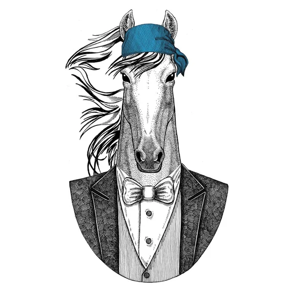 Cheval, hoss, chevalier, monture, courser motard sauvage, animal pirate portant bandana Image dessinée à la main pour tatouage, emblème, insigne, logo, patch, t-shirt — Photo