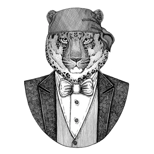 Άγρια γάτα, λεοπάρδαλη, γάτα-o-βουνού, άγρια πάνθηρας ποδηλάτης, πειρατής ζώο φορώντας μπαντάνα χέρι συρμένο εικόνα για τατουάζ, έμβλημα, σήμα, λογότυπο, patch, t-shirt — Φωτογραφία Αρχείου