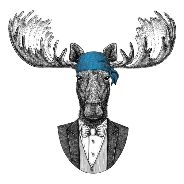 Moose, elk Wild biker, pirate animal wearing bandana Hand drawn image for tattoo, emblem, badge, logo, patch, t-shirt — Stock Photo, Image