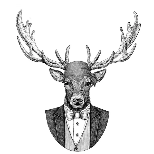 Geyik vahşi motorcu, korsan hayvan giyen bandana el çizilmiş resim için dövme, amblem, rozet, logo, yama, t-shirt