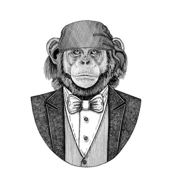 Chimpancé, mono Motociclista salvaje, animal pirata con bandana Imagen dibujada a mano para tatuaje, emblema, insignia, logotipo, parche, camiseta —  Fotos de Stock