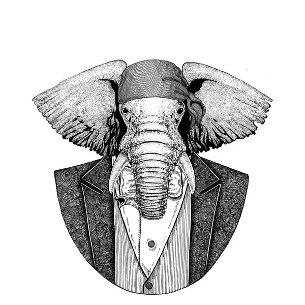 Elefante africano o indio motorista salvaje, animal pirata con bandana Imagen dibujada a mano para tatuaje, emblema, insignia, logotipo, parche, camiseta — Foto de Stock