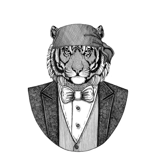 Wild tiger Wild biker, pirate animal wearing bandana Hand drawn image for tattoo, emblem, badge, logo, patch, t-shirt — Stock Photo, Image