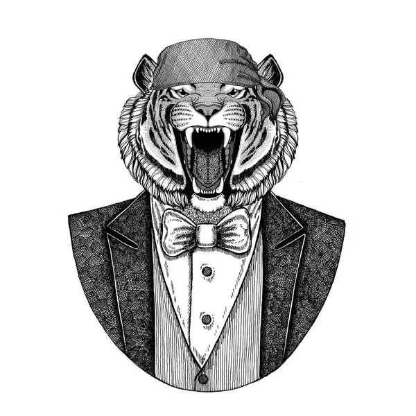 Tigre salvaje Motero salvaje, animal pirata que usa bandana Imagen dibujada a mano para tatuaje, emblema, insignia, logotipo, parche, camiseta — Foto de Stock