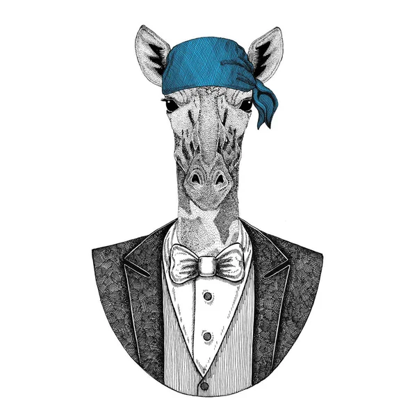 Camelopard, zürafa vahşi motorcu, korsan hayvan giyen bandana el çizilmiş resim için dövme, amblem, rozet, logo, yama, t-shirt