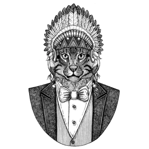 Gato selvagem Gato de pesca Animal selvagem usando chapéu inidan, vestido de cabeça com penas Imagem desenhada à mão para tatuagem, t-shirt, emblema, crachá, logotipo, patch — Fotografia de Stock