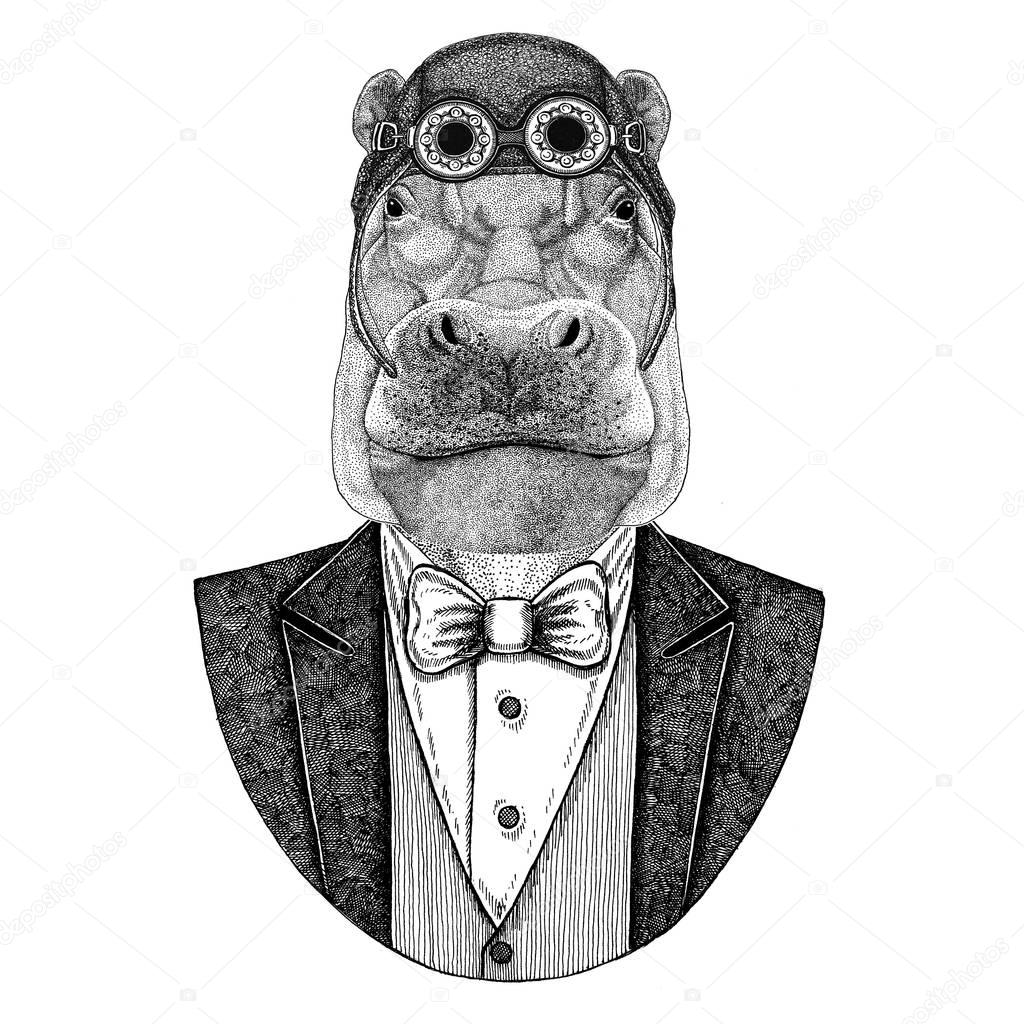 Hippo, Hippopotamus, behemoth, river-horse Animal wearing aviator helmet and jacket with bow tie Flying club Hand drawn illustration for tattoo, t-shirt, emblem, logo, badge, patch
