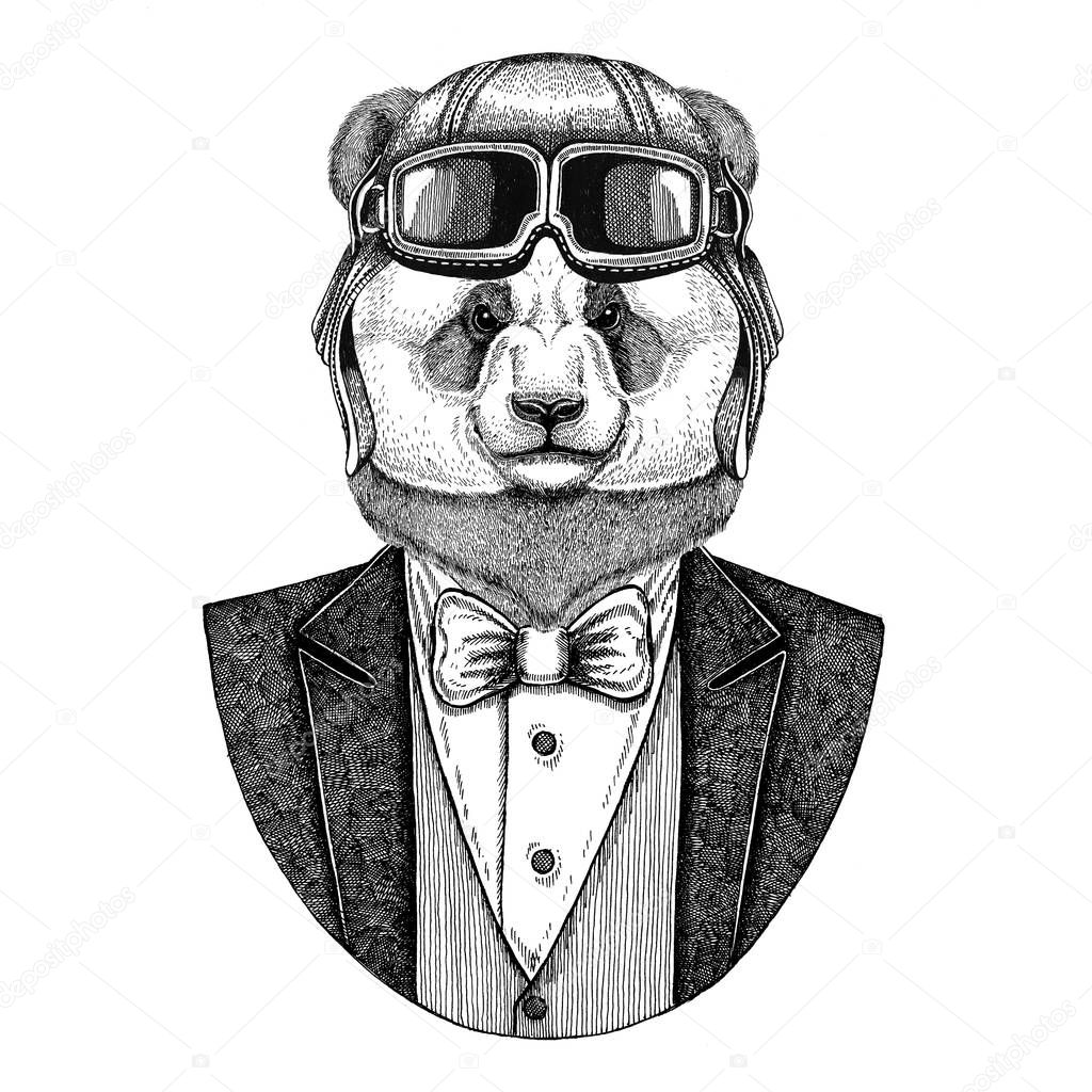 Panda bear, bamboo bear Animal wearing aviator helmet and jacket with bow tie Flying club Hand drawn illustration for tattoo, t-shirt, emblem, logo, badge, patch