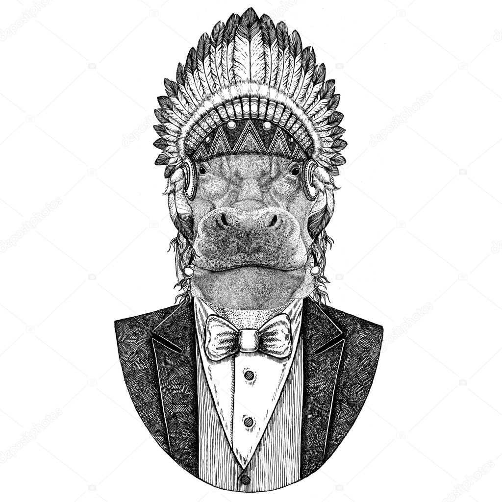 Wild animal wearing inidan hat, head dress with feathers Hand drawn image for tattoo, t-shirt, emblem, badge, logo, patch