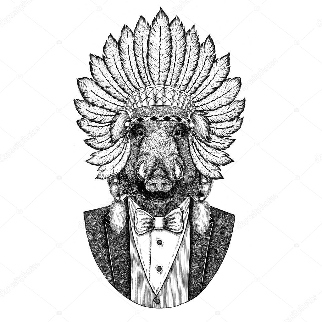 Wild animal wearing inidan hat, head dress with feathers Hand drawn image for tattoo, t-shirt, emblem, badge, logo, patch