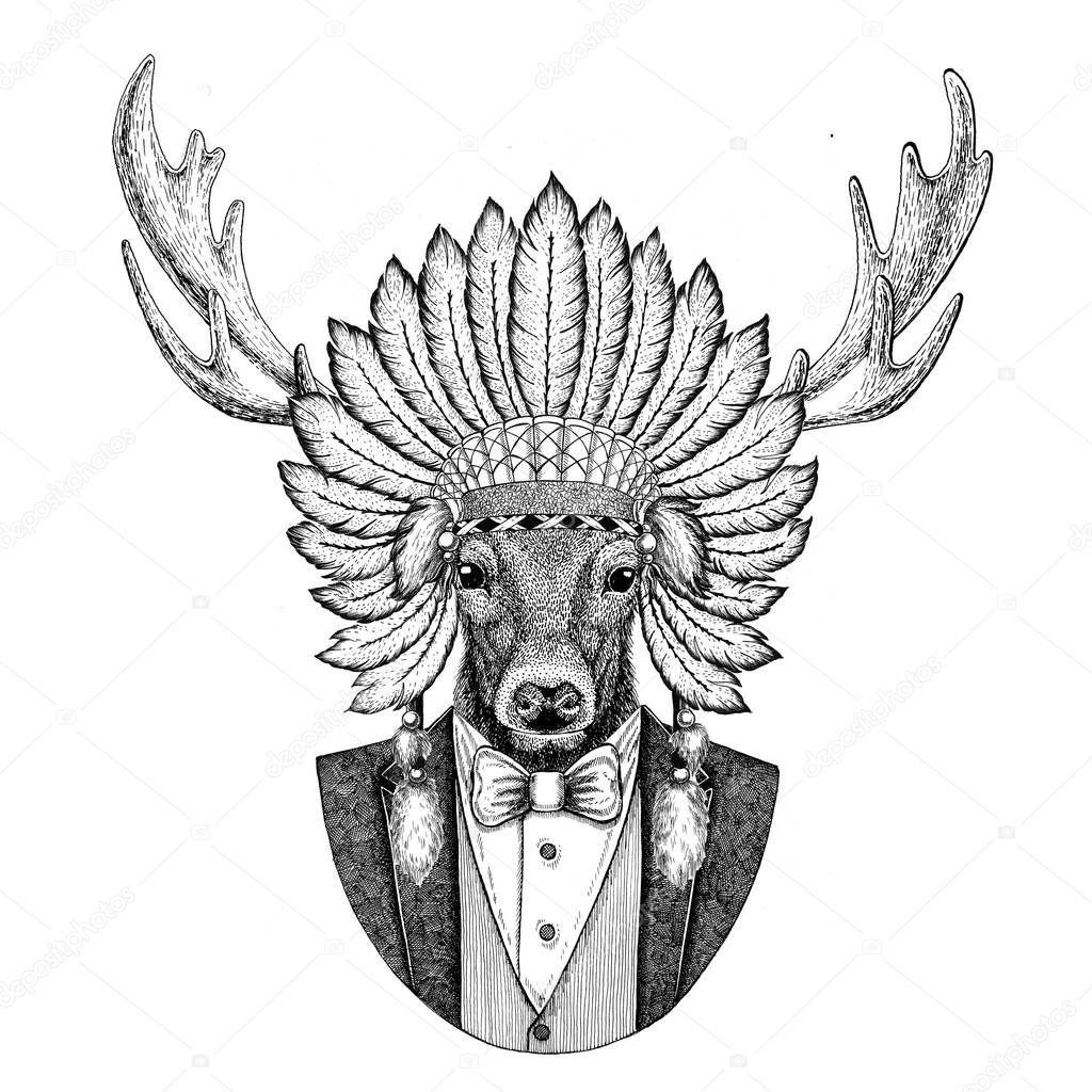 Wild animal wearing inidan hat, head dress with feathers Hand drawn image for tattoo, t-shirt, emblem, badge, logo, patch