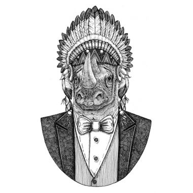 Yama Gergedan, gergedan vahşi hayvan inidan şapka, dövme, t-shirt, amblem, rozet, logo, tüyler el çekilmiş görüntüsü ile baş elbise