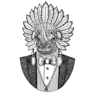 Yama Gergedan, gergedan vahşi hayvan inidan şapka, dövme, t-shirt, amblem, rozet, logo, tüyler el çekilmiş görüntüsü ile baş elbise