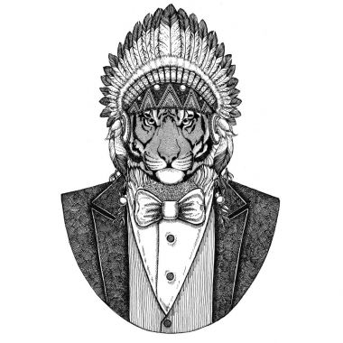 Vahşi Kaplan vahşi hayvan giyen inidan şapka, kafa tüyleri ile dövme, t-shirt, amblem, rozet, logo, yama için el çekilmiş resmi elbise