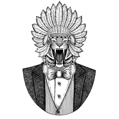 Vahşi Kaplan vahşi hayvan giyen inidan şapka, kafa tüyleri ile dövme, t-shirt, amblem, rozet, logo, yama için el çekilmiş resmi elbise