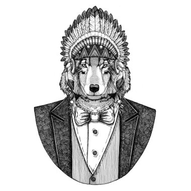 Kurt köpek vahşi hayvan giyen inidan şapka, kafa tüyleri el çizilmiş resim dövme, t-shirt, amblem, rozet, logo, yama ile elbise
