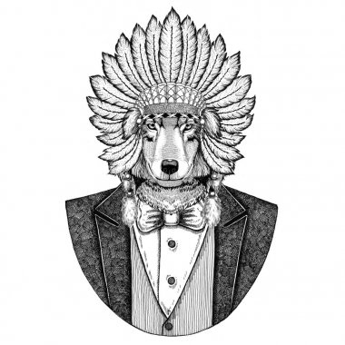 Kurt köpek vahşi hayvan giyen inidan şapka, kafa tüyleri el çizilmiş resim dövme, t-shirt, amblem, rozet, logo, yama ile elbise