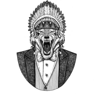 Kurt köpek vahşi hayvan giyen inidan şapka, kafa tüyleri el çizilmiş resim dövme, t-shirt, amblem, rozet, logo, yama ile elbise