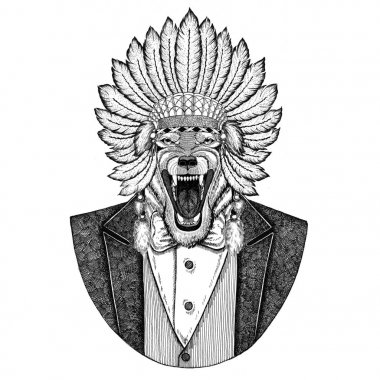 Kurt köpek vahşi hayvan giyen inidan şapka, kafa tüyleri el çizilmiş resim dövme, t-shirt, amblem, rozet, logo, yama ile elbise