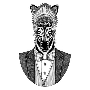 Dövme, t-shirt, amblem, rozet, logo, yama için tüyler elle çizilmiş resim ile baş Zebra at vahşi hayvan giyen inidan şapka, elbise