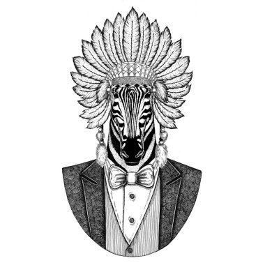 Dövme, t-shirt, amblem, rozet, logo, yama için tüyler elle çizilmiş resim ile baş Zebra at vahşi hayvan giyen inidan şapka, elbise