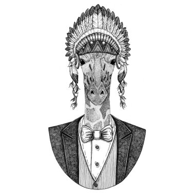 Yama camelopard, zürafa vahşi hayvan inidan şapka, dövme, t-shirt, amblem, rozet, logo, tüyler el çekilmiş görüntüsü ile baş elbise