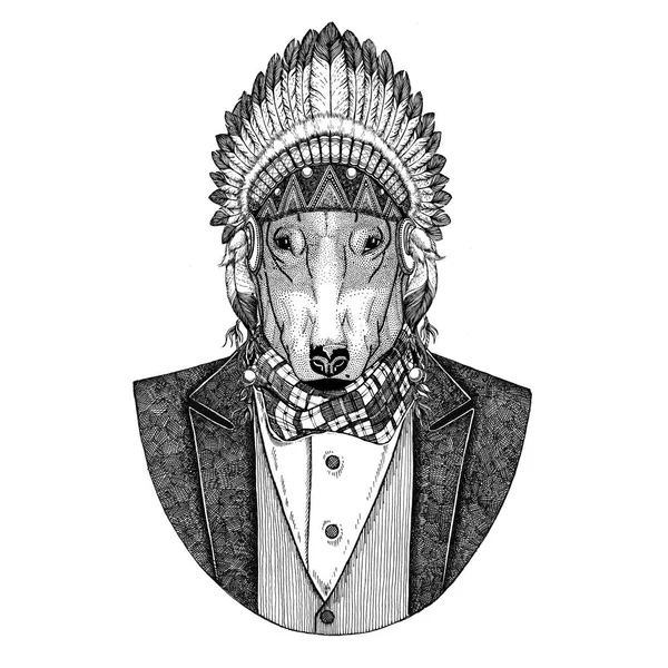 DOG para design de camiseta Animal selvagem usando chapéu de inidan, vestido de cabeça com penas Imagem desenhada à mão para tatuagem, t-shirt, emblema, crachá, logotipo, patch — Fotografia de Stock