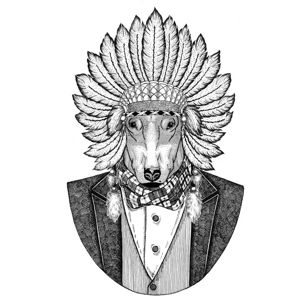 Pes pro tričko design divokých zvířat nošení inidan klobouk, head šaty s peřím ručně nakreslený obrázek pro tetování, tričko, znak, odznak, loga, oprava — Stock fotografie
