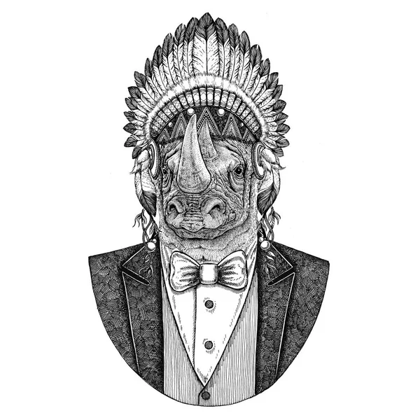 Yama Gergedan, gergedan vahşi hayvan inidan şapka, dövme, t-shirt, amblem, rozet, logo, tüyler el çekilmiş görüntüsü ile baş elbise