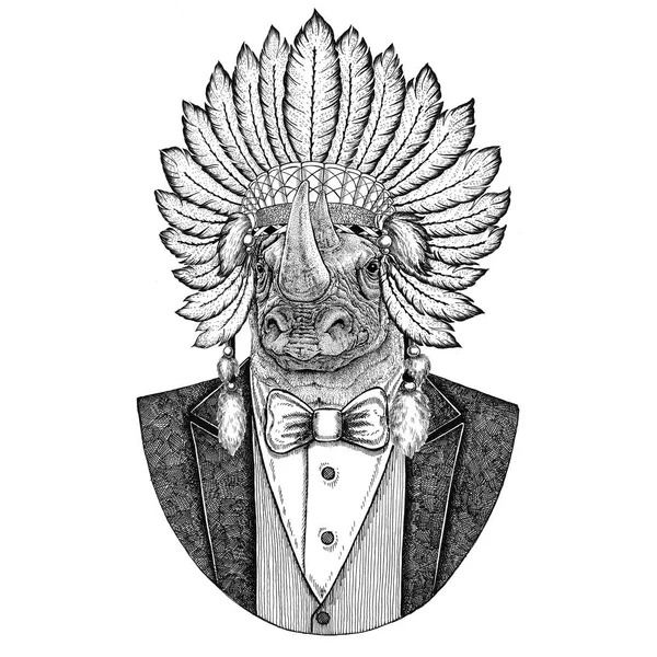 Yama Gergedan, gergedan vahşi hayvan inidan şapka, dövme, t-shirt, amblem, rozet, logo, tüyler el çekilmiş görüntüsü ile baş elbise