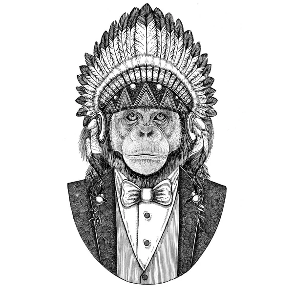 Schimpans Monkey vilda djur bär inidan hatt, head klänning med fjädrar handritad bild för tatuering, t-shirt, emblem, badge, logotyp, patch — Stockfoto