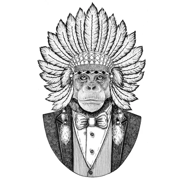 Chimpanzee Monkey Wild animal wearing inidan hat, head dress with feathers Hand drawn image for tattoo, t-shirt, emblem, badge, logo, patch — Stock Photo, Image